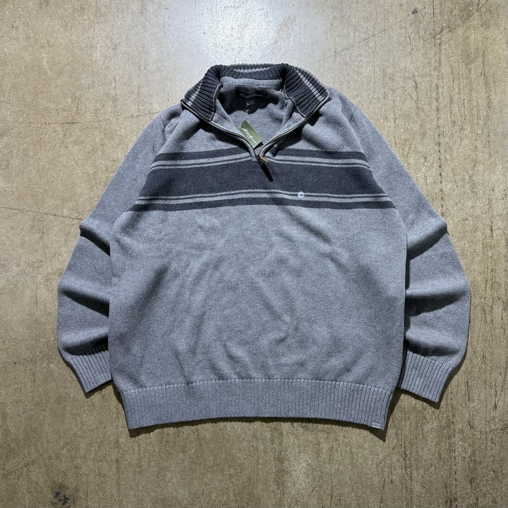 Eddie Bauer Sweater Mens XL Gray 1/4 Zip Mock Neck Striped Knit Pullover Ski